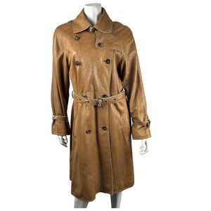 Andrew Marc Leather Trench Coat Camel Tan Double Breasted Belted Womens M